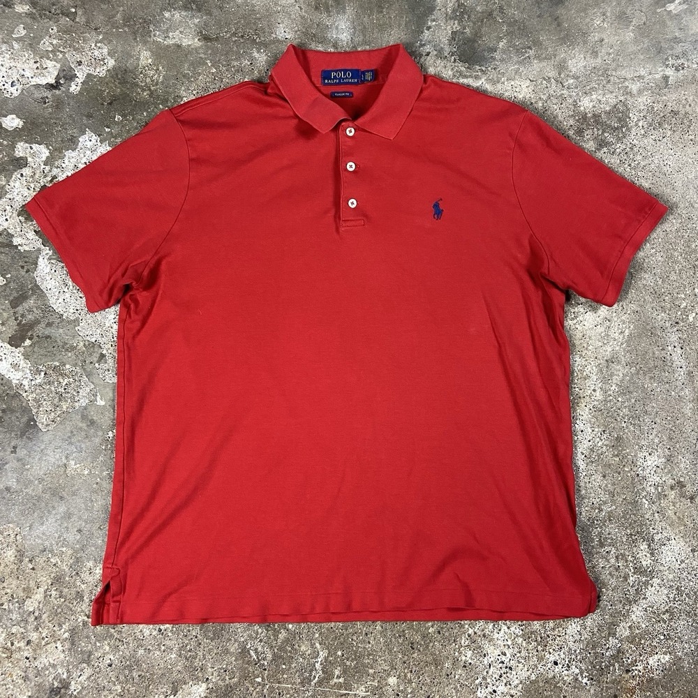 Polo Ralph Lauren Polo Shirt‎ Size Large Red Classic Fit Short Sleeve Blue Pony